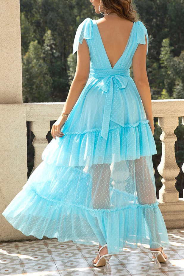 Robe Weitese bleu ciel, coupe trapèze, col en V, en tulle, robe longue de soirée, sans manches, à volants, robe de bal